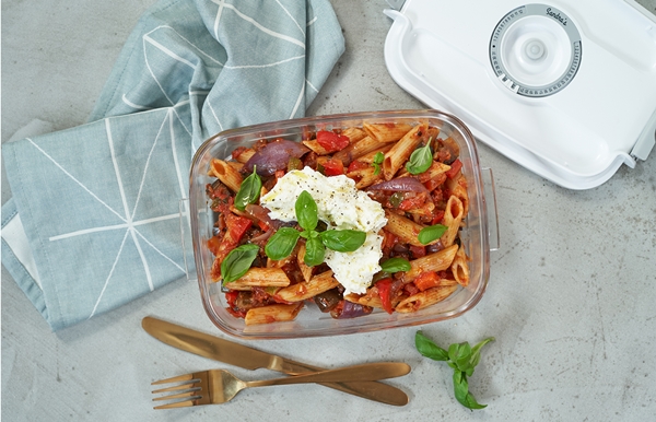 pasta geroosterde groenten met mozzarella (mealprep)