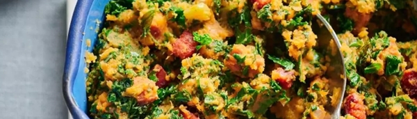 Roerbakstamppot van boerenkool en zoete aardappel