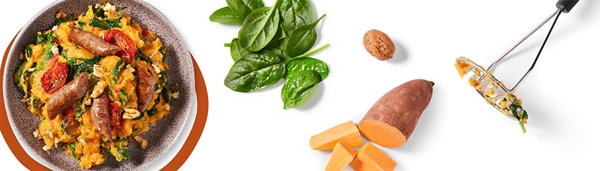 Stamppot van zoete aardappel en spinazie met gedroogde tomaat