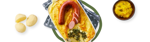 ovenschotel met aardappel, boerenkool en rookworst 