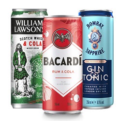 Bacardi, Eristoff, Bombay Sapphire of William Lawson's premixen