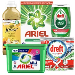 Ariel, Lenor of Dreft premium vaatwastabletten of  afwasmiddel