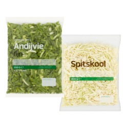 spinazie of spitskool zak 400 gram, snackworteltjes zak 350 gram of andijvie fijn zak 250 gram