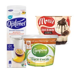 Campina kwark bak 450 of 500 gram, Optimel drinkyoghurt pak 1 liter of Mona pudding bak 450 gram