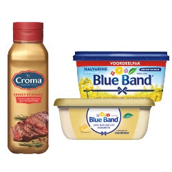 Blue Band kuip 225 of 500 gram, fles 500 of 750 ml of Croma bak en braad fles 450 of 750 ml