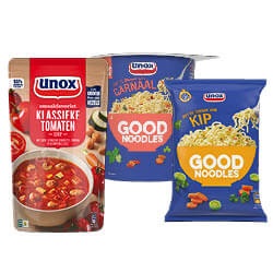 Unox soep in zak 570 ml, noodles of pasta wikkel of kuipje 57/72 gram