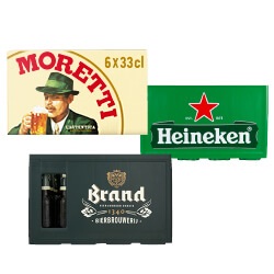 Heineken, Birra Moretti of Brand krat of 6-pack blik