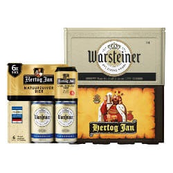 Hertog Jan of Warsteiner pils krat of 6-pack blik
