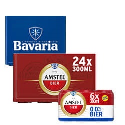 Amstel of Bavaria pils krat of 6-pack blik