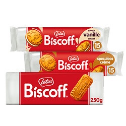 Lotus koffieleutjes pak 250 gram, sandwich cookie vanille of speculoos pak 150 gram