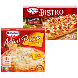 Dr. Oetker bistro baguette 250 gram, la mia pinsa 305/315 gram of mini pizza 300 gram