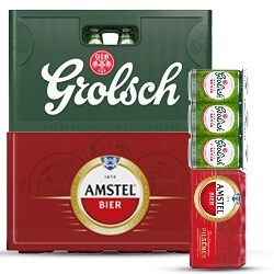 Grolsch of Amstel pils krat of 6-pack blik