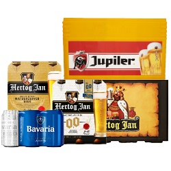 Hertog Jan, Jupiler, Bavaria of BUD pils krat of 6-pack blik of fles