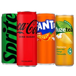 Productfoto van Coca-Cola, Fanta, Sprite of Fuze Tea blik 250 ml