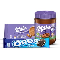 Productfoto van alle Oreo koek of Milka koek en hazelnootpasta