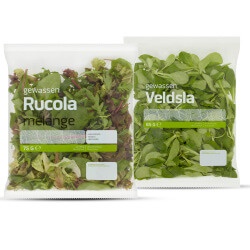 Productfoto van rucola naturel of melange, krulslamelange of veldsla zak 75/100 gram