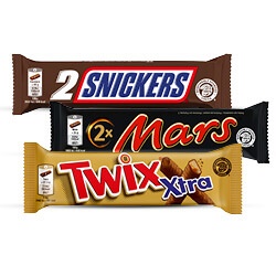 Productfoto van alle Mars, Snickers of Twix 2-packs of 3-packs