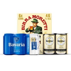 alle Bavaria, Warsteiner of Birra Moretti 6-pack blik