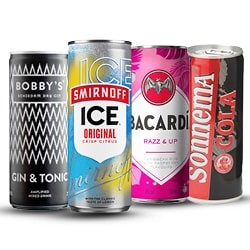 alle Bacardi, Smirnoff, Bobby’s of Sonnema blik 250 ml