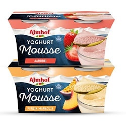 Almhof yoghurt mousse aardbei of perzik maracuja bakje 2x95 gram