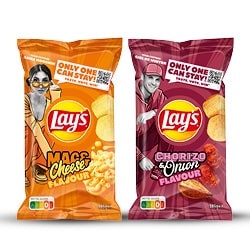 Lay's Flavours roasted garlic & herbs, mac & cheese en chorizo & onion