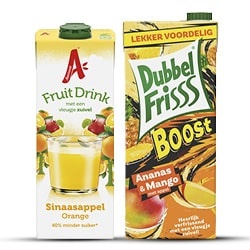 Productfoto van alle Appelsientje Fruitdrink pak 1 liter of Dubbelfrisss Boost pak 1.5 liter