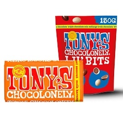 Productfoto van alle Tony's Chocolonely 180 gram en Lil'bits 150 gram