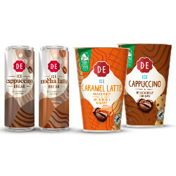 Productfoto van alle Douwe Egberts ijskoffie beker 230 ml of blik 250 ml
