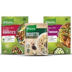 Productfoto van alle Knorr Wereldgerechten, risotteria of groentewraps