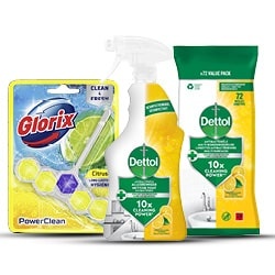 Productfoto van alle Glorix toiletblokken of Dettol