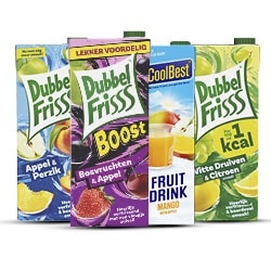 alle Dubbelfrisss pak 1.5 liter of Coolbest fruitdrink pak 1 liter