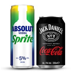 Productfoto van alle Jack Daniels of Absolut premix blik 250/330 ml