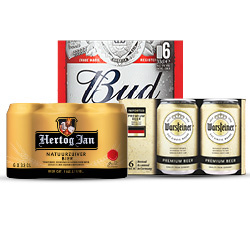 Productfoto van alle Hertog Jan, Bud of Warsteiner pils fles of blik