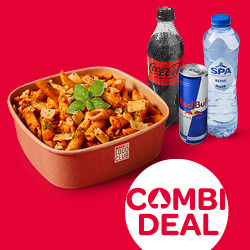 Productfoto van SPAR FoodClub pasta maaltijd + gekoeld drankje samen voor €7.50