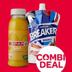 Productfoto van SPAR sappen of smoothies fles 250 ml + Melkunie Breaker zak 200 gram