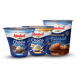 Productfoto van alle Almhof desserts mousse bakje 140/210 gram of choco met slagroom bakje 180 gram
