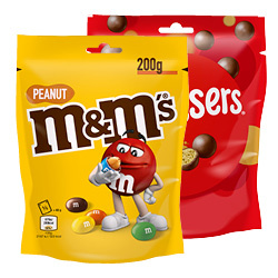 Productfoto van alle M&M's en Malteser 135/200 gram