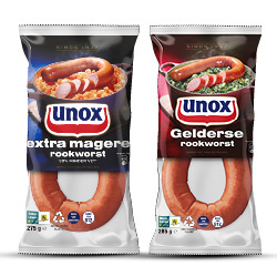 Productfoto van Unox extra magere rookworst zak 275 gram of Gelderse rookworst 285 gram