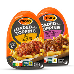 Productfoto van Mora loaded fries topping pulled chicken of Indisch stoofvlees