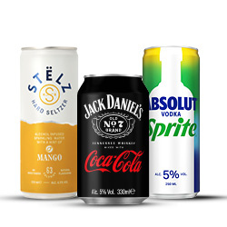 alle Stëlz, Jack Daniels of Absolut blik 250/330 ml