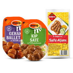 alle Hebro saté of Mora loaded toppings, gehaktballetjes of saté
