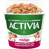 Activia yoghurt 
 muesli framboos
 voorkant