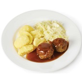 Culivers rundergehaktbal met jus, witte kool à la crème en gekookte aardappelen (10) voorkant