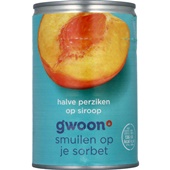 g'woon halve perzik op siroop voorkant