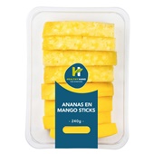 Healthy hand ananas mango sticks voorkant