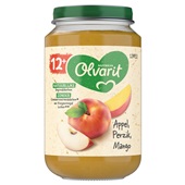 Olvarit baby/peuter fruithapje appel, perzik en mango voorkant