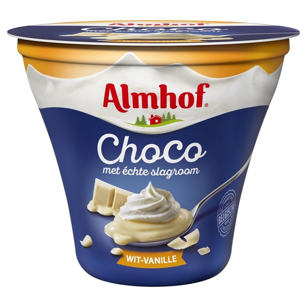 Almhof pudding choco met slagroom wit vanille voorkant