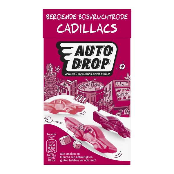 Autodrop Bosvruchtrode Cadillacs
 Rode cadillacs achterkant