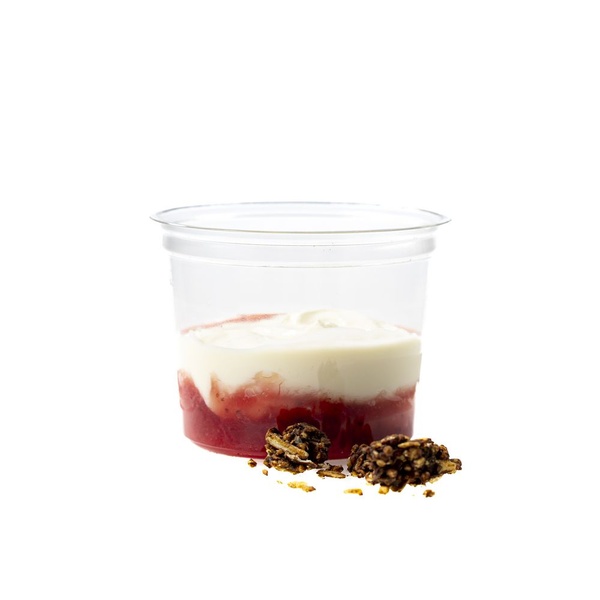 Bloemcool soja yoghurt met aardbei en choco granola  voorkant
