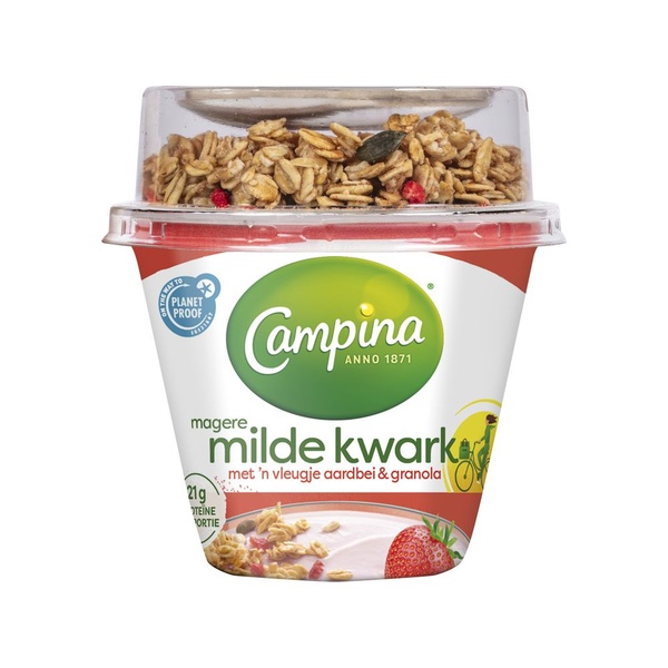 Campina kwark aardbei en granola voorkant